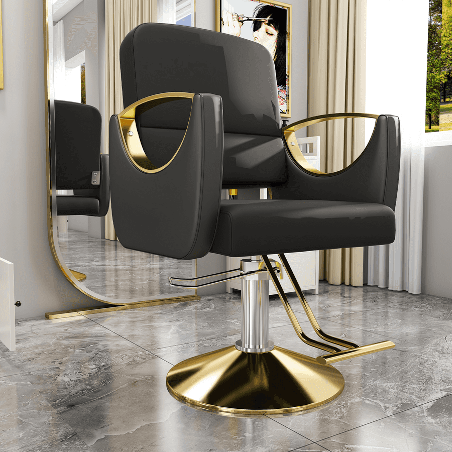 Salon chair with black leather and gold accents in modern space