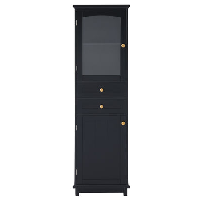 63" Tall Bathroom Storage Cabinet with Glass Doors, Free-Standing, Two Drawers, and Adjustable Shelves, MDF Board, Painted Black