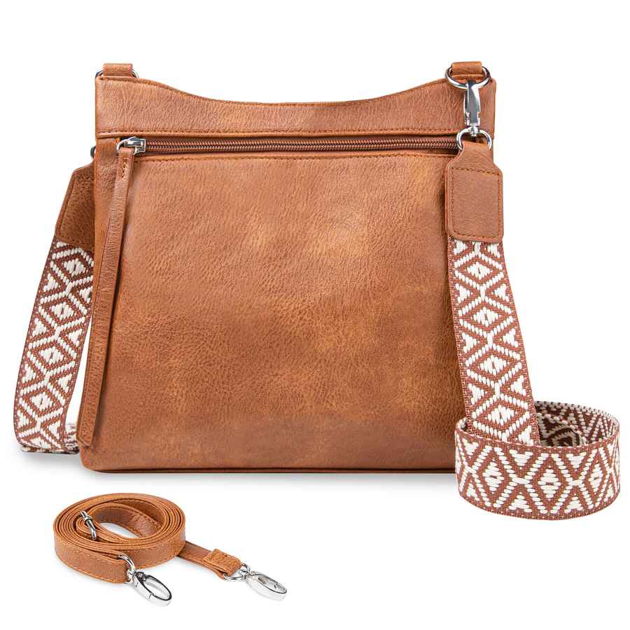 Brown leather handbag with patterned strap on a white background