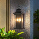 Black outdoor wall light fixture on a textured wall with plants in the foreground