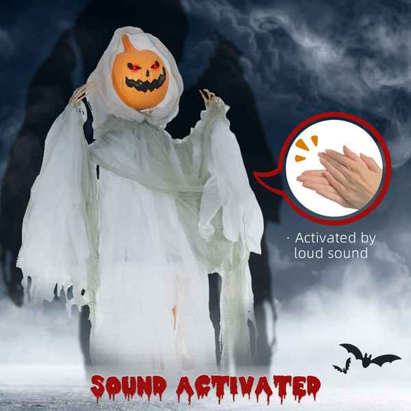 Halloween ghost decoration with sound-activated feature, activated by loud sound.