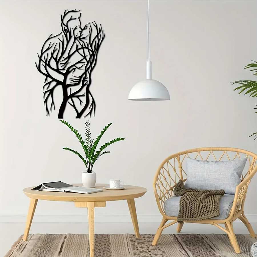 Tree of Love Wall Art metal sculpture in a cozy living room, showcasing a romantic couple design ideal for Valentine&