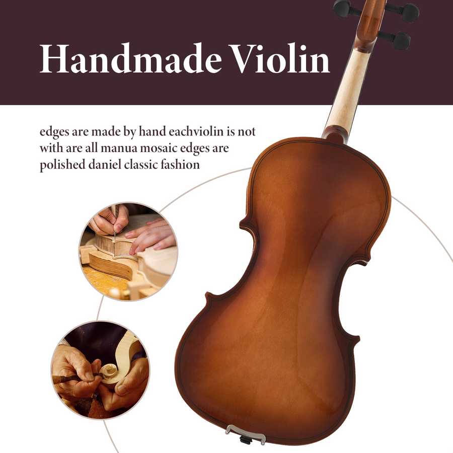 Durable violin with maple bridge, tuning pegs, and shell inlay