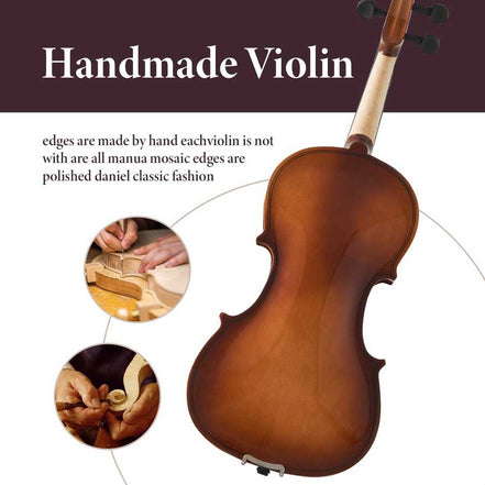 Durable violin with maple bridge, tuning pegs, and shell inlay