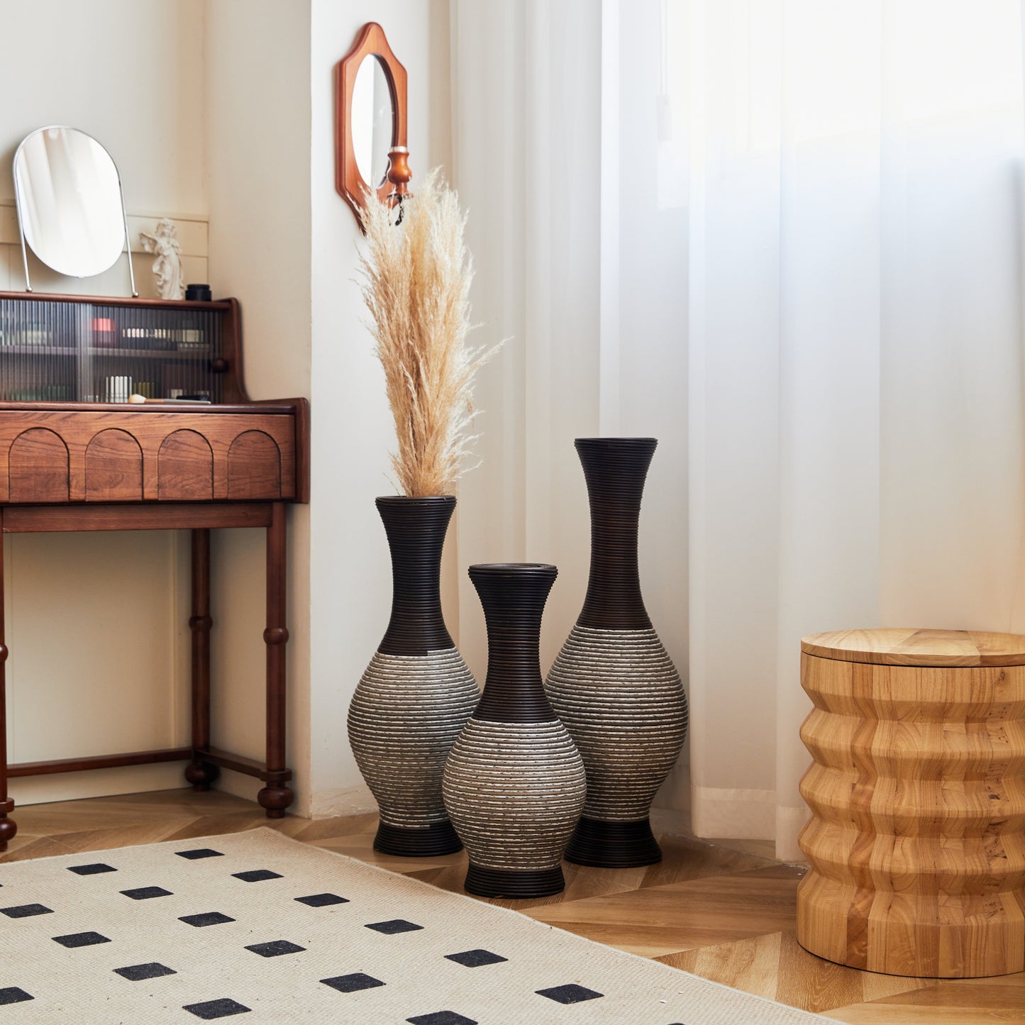 Brown floor vase set of 3 with high independent flower stand design, placed in a modern home interior near a wooden desk and pampas grass.