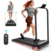 Black foldable treadmill with digital display and control buttons, suitable for home gym, with a woman running on it