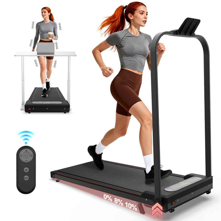Black foldable treadmill with digital display and control buttons, suitable for home gym, with a woman running on it