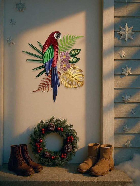 Vintage-style Colorful Parrot Wall Art displayed on a porch wall with festive decor, perfect for seasonal bohemian home decoration.