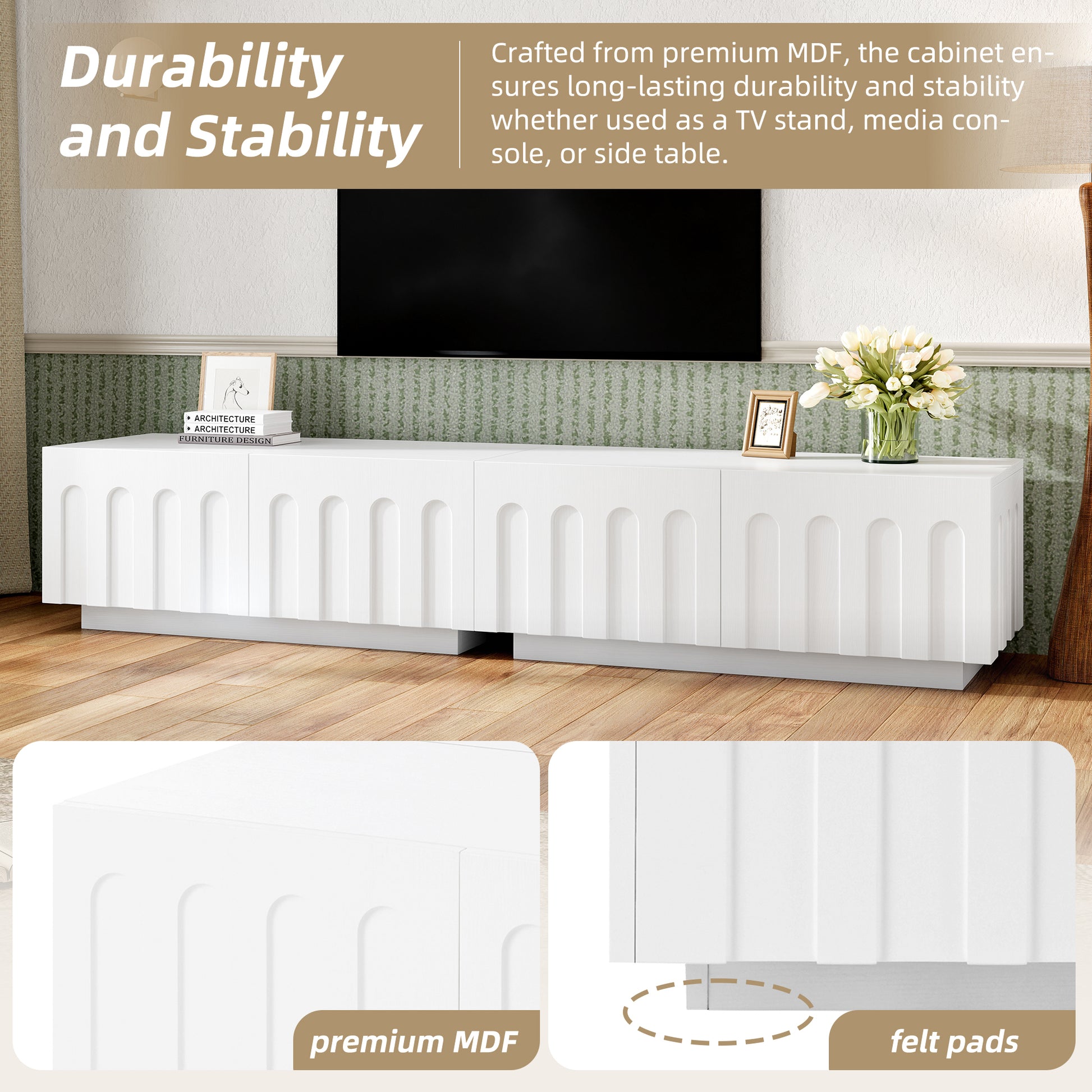 Modern TV Stand crafted from premium MDF with felt pads for stability, highlighting durability and sleek white finish.