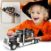 Child in Halloween costume playing with a toy truck, with a close-up inset of the truck.