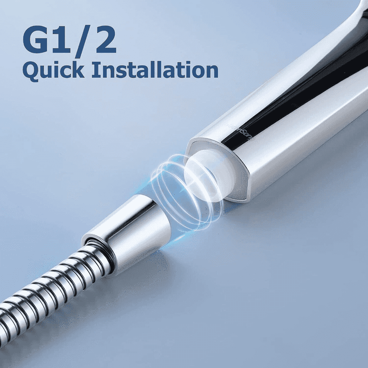 Chrome water hose with quick installation feature on a light blue background