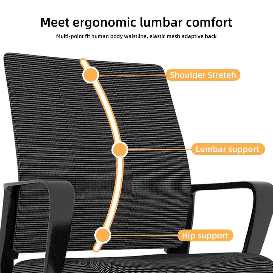 Ergonomic chair with highlighted features on a white background
