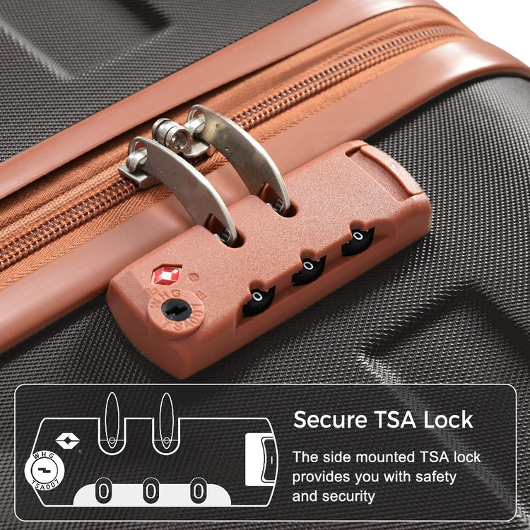 Brown TSA lock on a suitcase with a close-up of the lock mechanism and text indicating it provides safety and security.