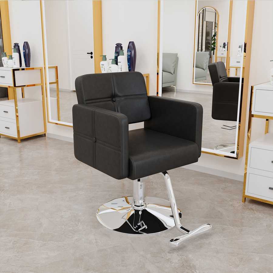 Black salon chair with adjustable height in modern salon