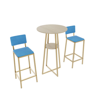 Bar Table and Chairs Set - Gold Frame, Storage Function | Dining Set for 2 with blue seats and wood tabletop, perfect for compact dining areas.