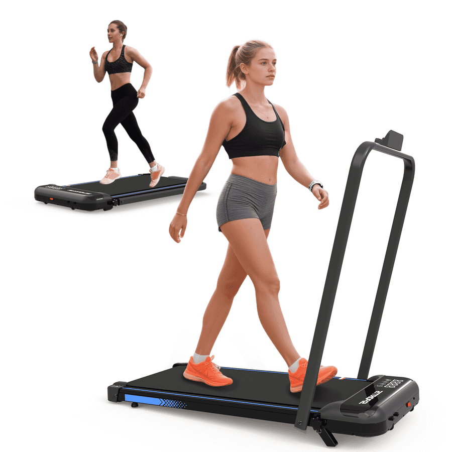 Compact foldable treadmill with digital controls, used for walking or jogging at home, black with blue accents