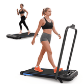 Compact foldable treadmill with digital controls, used for walking or jogging at home, black with blue accents