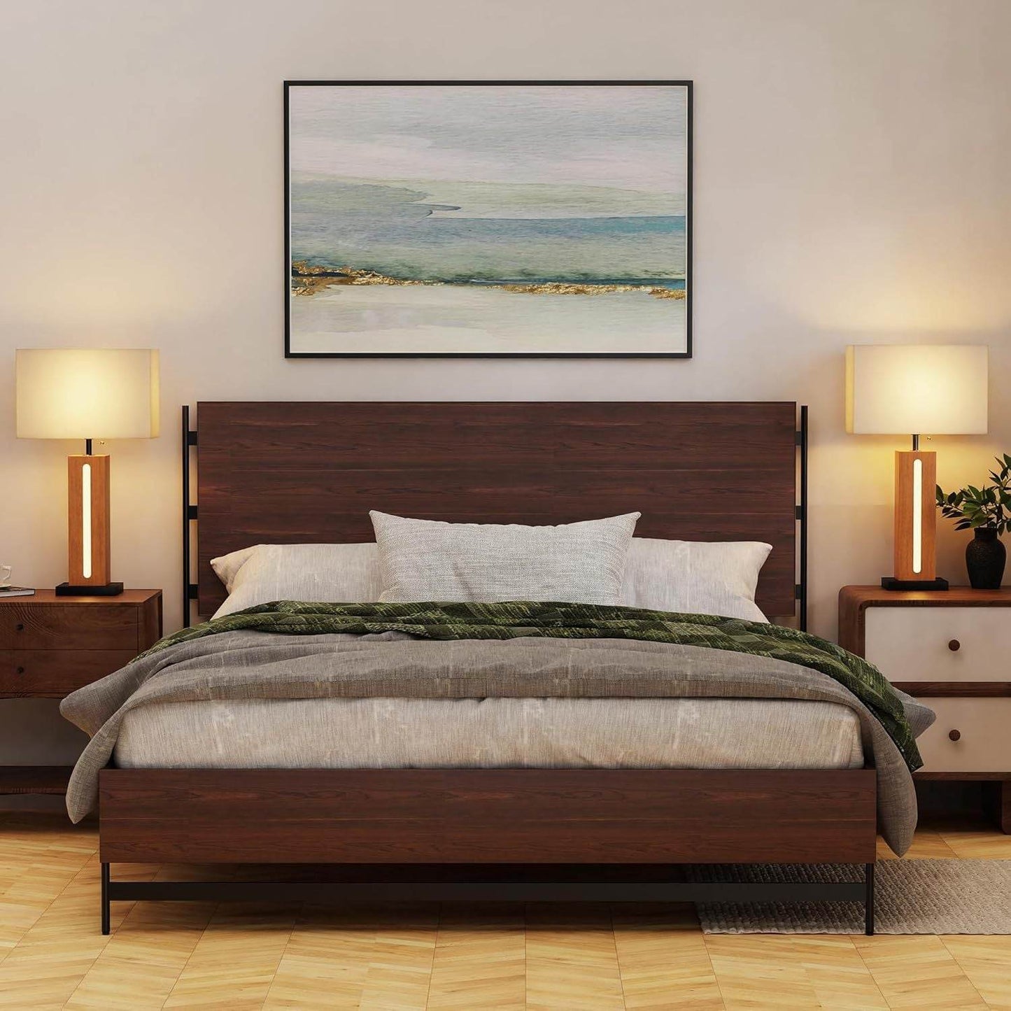 Table Lamps Set Of 2, Modern Dimmable Bedside Lamp With LED Nightlight, Rustic Farmhouse Square Wood Grain Nightstand Lamps With Linen Shades For Living Room Bedroom End Table