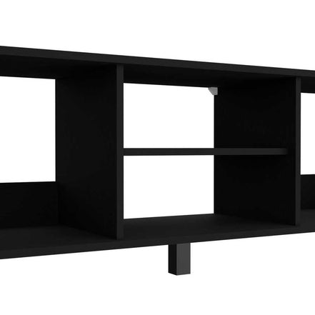 Close-up of Carter Black TV Stand shelf detail. Open compartments offer versatile storage for electronics and decor.