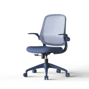 Blue office chair with mesh back on a white background