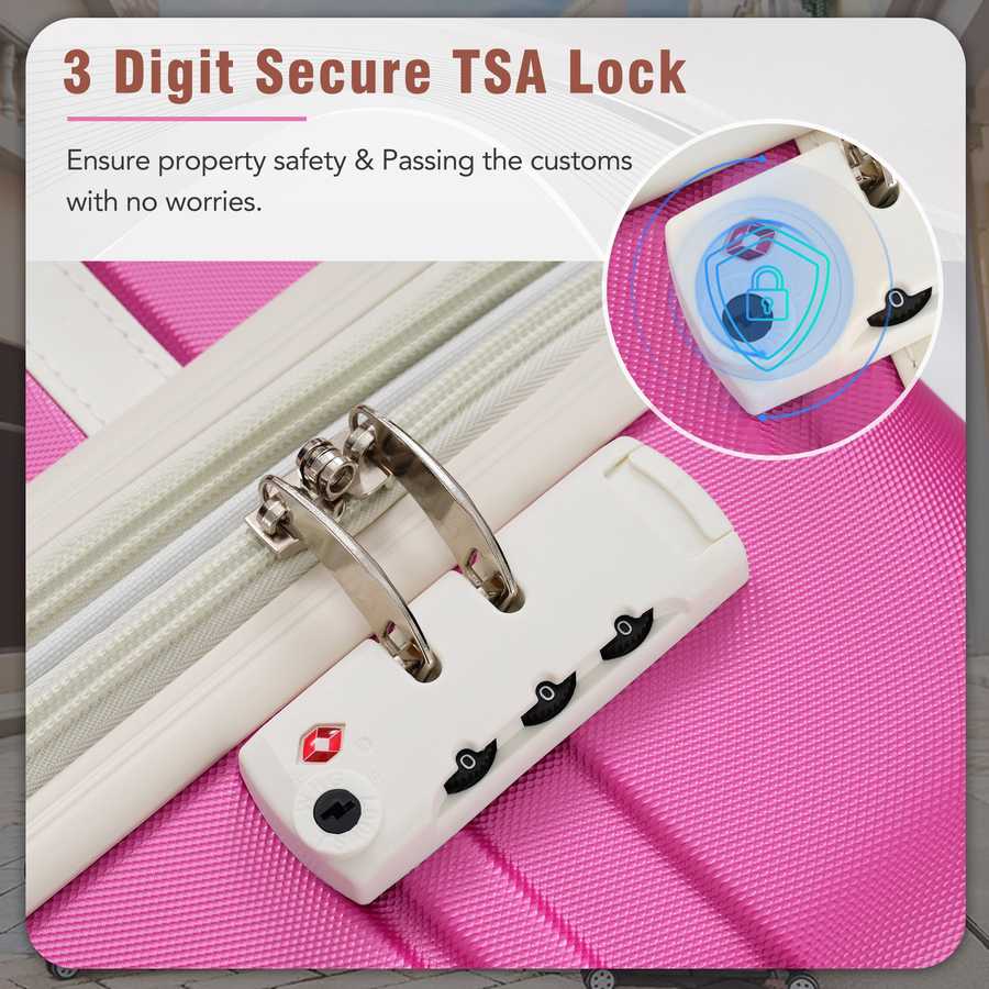 3-digit secure TSA lock on a pink suitcase with text about property safety.
