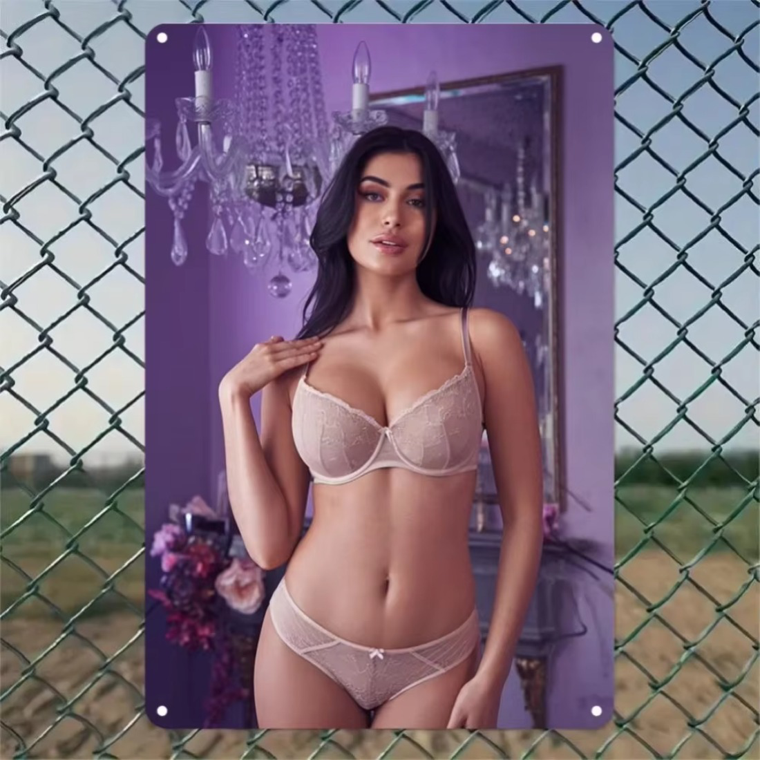 Vintage aluminum wall art featuring a woman in lingerie, mounted on a chain-link fence. Ideal for bold home or garage decor.