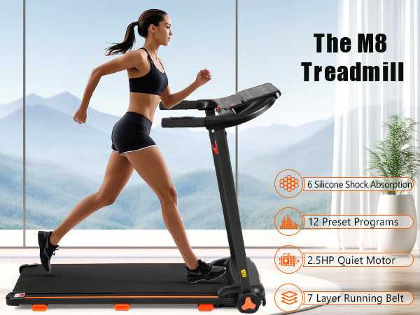 Running woman on M8 treadmill with shock absorption and preset programs