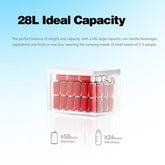 28L storage container with red bottles on a light blue background, featuring text about ideal capacity.