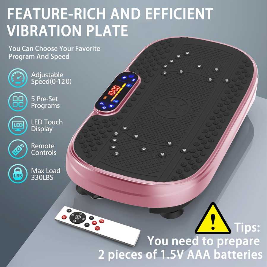 Vibration plate with features listed on a gray background