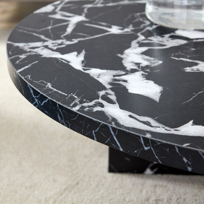 Detailed edge view of black MDF round coffee table with faux marble finish, emphasizing its smooth and durable surface.