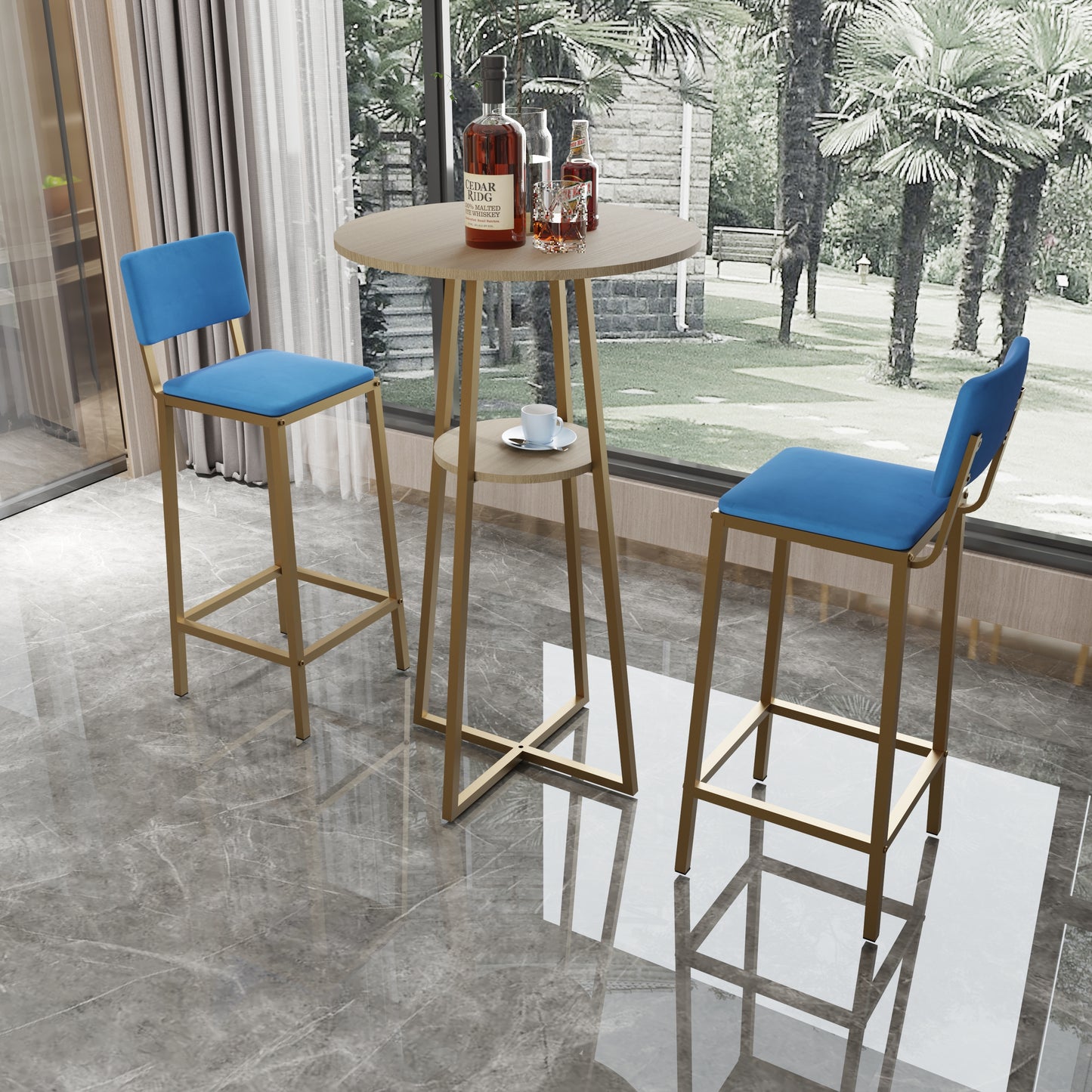 Chic Bar Table Set with gold metal base and blue padded stools, includes a round tabletop and central shelf for added functionality.