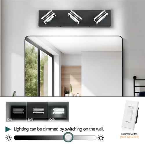 Bathroom mirror with LED light fixture and dimmer switch on a white wall.