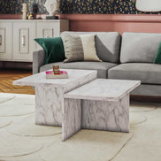 Brielle Faux Marble Coffee Table with Two Tiers styled in a modern living room, offering luxury design and practical surface space.