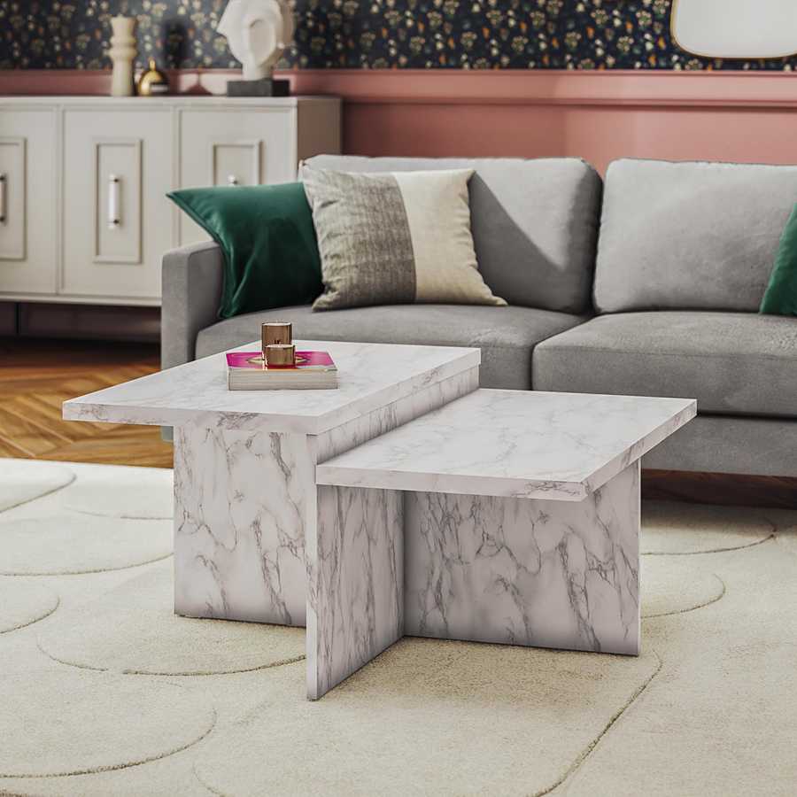 Brielle Faux Marble Coffee Table with Two Tiers styled in a modern living room, offering luxury design and practical surface space.