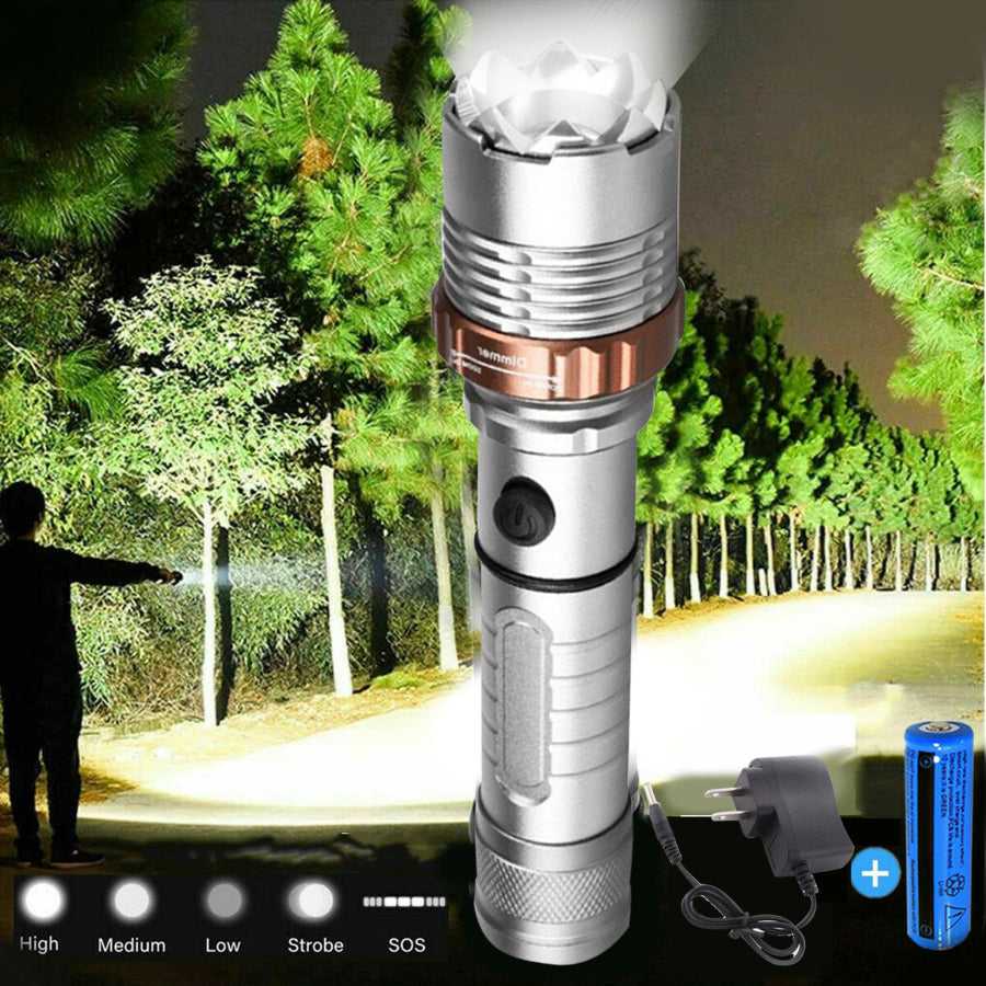 Rechargeable LED flashlight in use outdoors with 5 lighting modes. Includes battery and charger for hiking and camping.