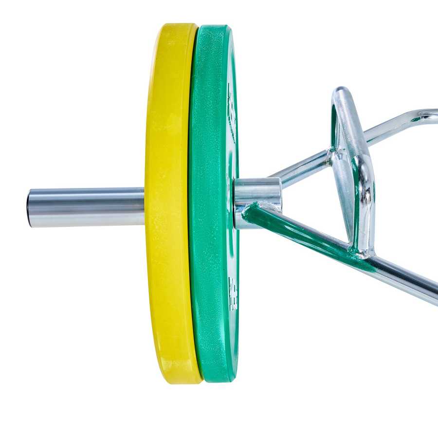 Close-up of a barbell with green and yellow weight plates on a white background