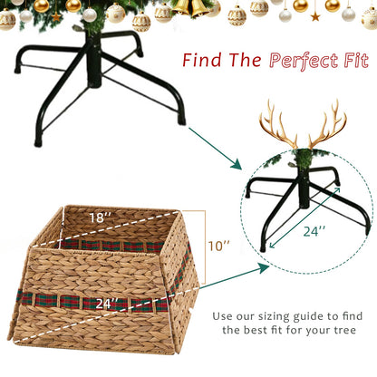 Eco-friendly handwoven Christmas tree collar with 24-inch base, 18-inch top, and 10-inch height, designed to fit standard tree stands.