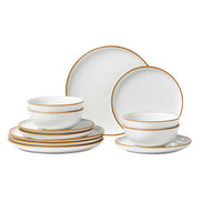 Complete 12 PCS Ceramic Dinnerware Set for 4 with matching plates and bowls in white with golden rims, perfect for family meals.