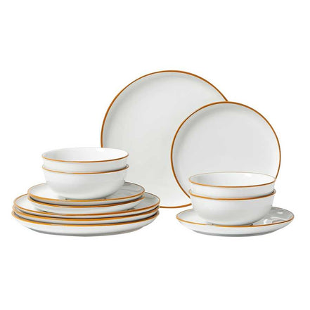 Complete 12 PCS Ceramic Dinnerware Set for 4 with matching plates and bowls in white with golden rims, perfect for family meals.