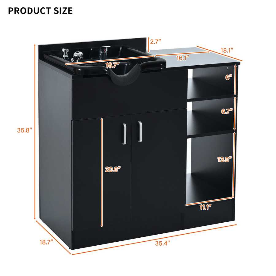 Black salon sink cabinet with dimensions labeled on a white background