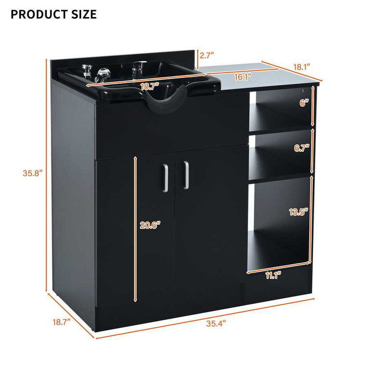 Black salon sink cabinet with dimensions labeled on a white background
