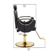 Black and gold salon barber chair with dimension markings showing height of 24.8 inches (63 cm) and width of 35.