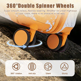 Close-up of a suitcase with 360-degree double spinner wheels on a rocky surface.