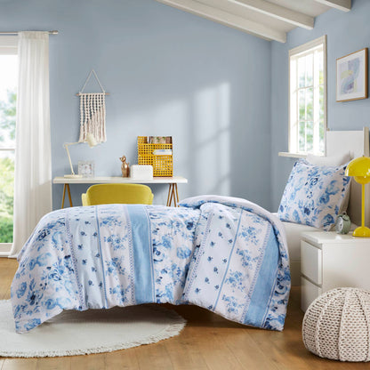 Twin Floral Striped Duvet Cover Set - Twin Duvet Cover Set Floral in a cozy, light blue bedroom with natural light and modern decor.