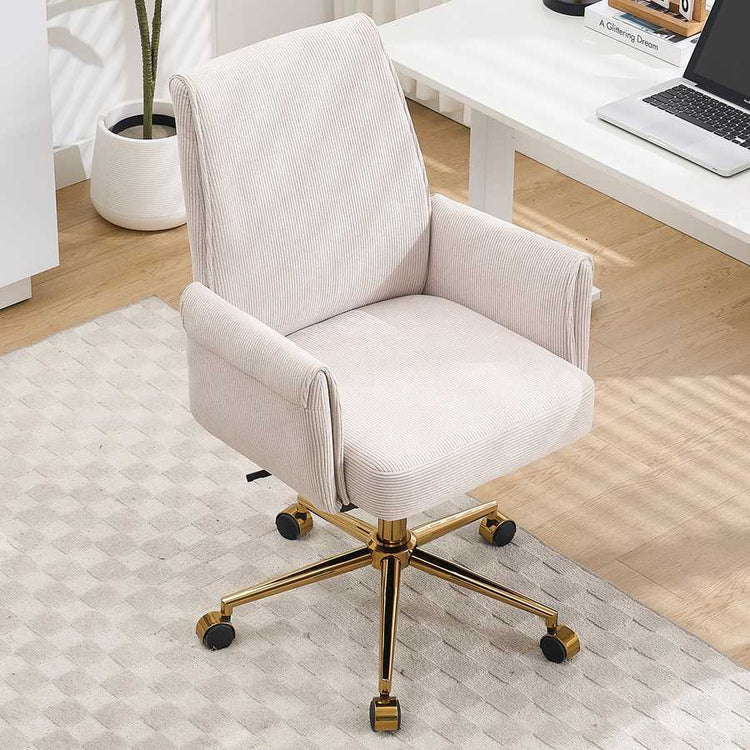 Mid-back ergonomic office chair in white corduroy with gold base, shown in a bright office setting for comfort and productivity.