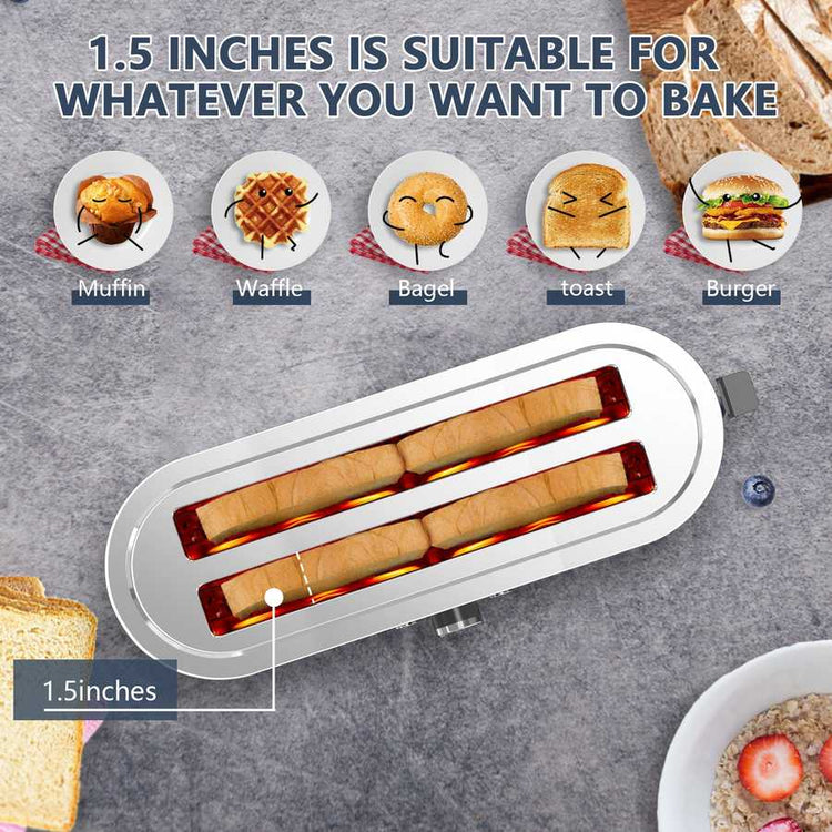Top view of 4-Slice Stainless Steel Toaster with 1.5-inch wide slots, suitable for muffins, waffles, bagels, and burgers.