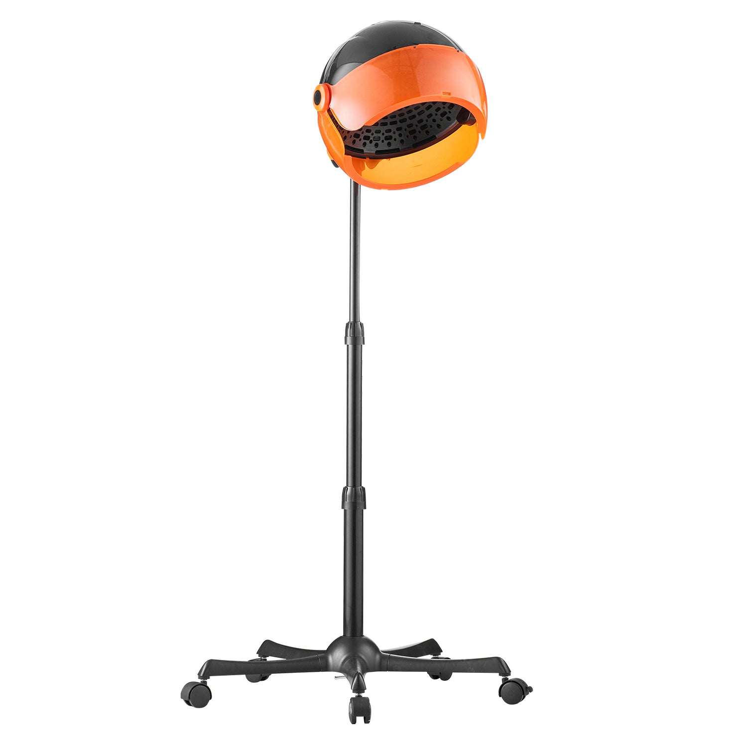 Orange and black hair dryer with stand on a white background