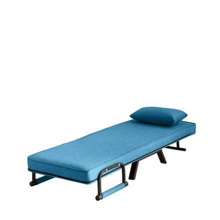 Convertible Folding Chair Bed - Compact & Multi-Functional in blue linen, shown fully extended as a single bed with pillow, ideal for small spaces.