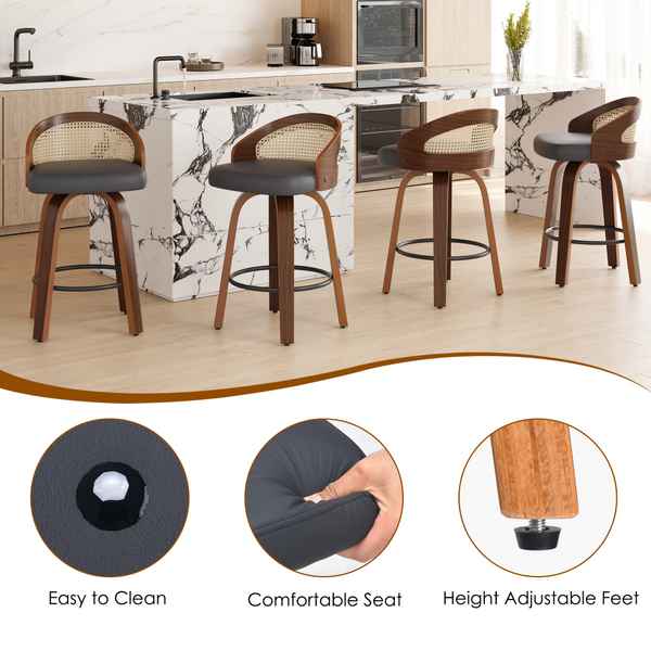 Set of three modern bar stools with wooden frames, cushioned seats, and woven cane backrests, arranged around a marble kitchen island.