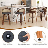 Set of three modern bar stools with wooden frames, cushioned seats, and woven cane backrests, arranged around a marble kitchen island.